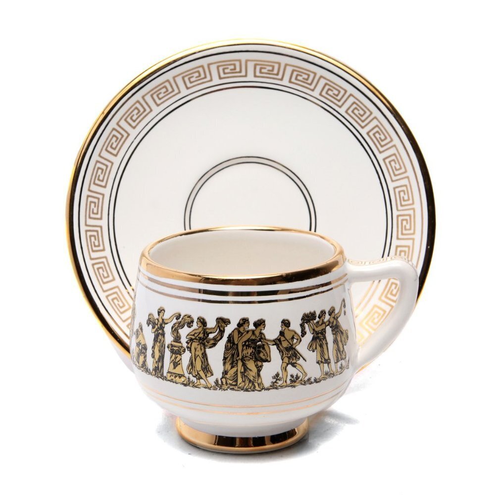 Vintage Arguros 24K Gold Greek Ceramic Cup & Saucer Set Handmade Greece White
